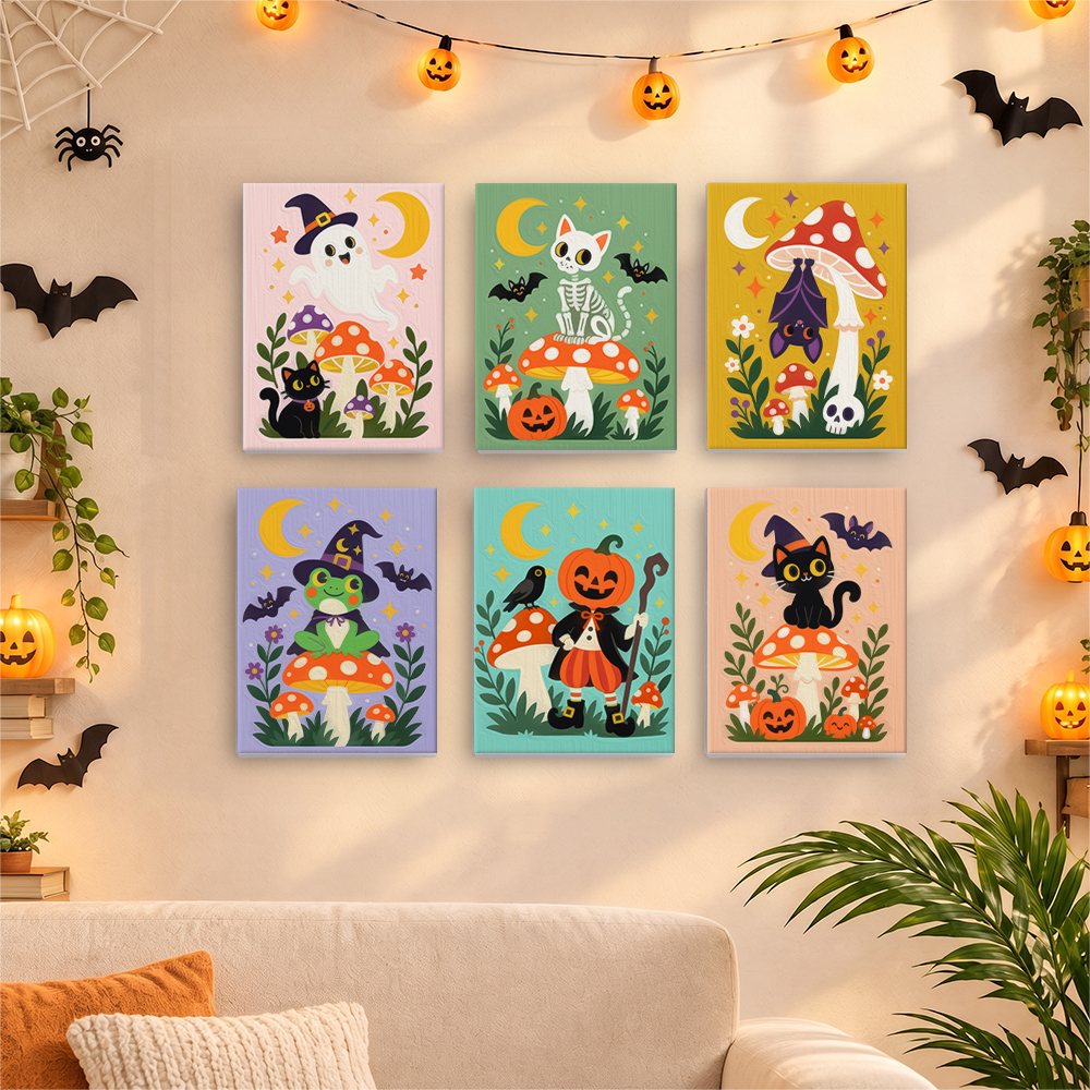 Before and after of a Toadstool Halloween Friends mini paint by numbers canvas