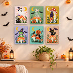 Painting a Toadstool Halloween Friends mini canvas propped up beside numbered acrylic paints