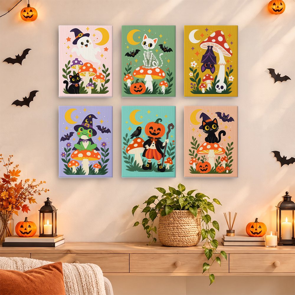 Painting a Toadstool Halloween Friends mini canvas propped up beside numbered acrylic paints