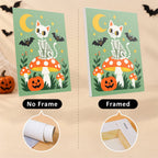 Six finished Toadstool Halloween Friends mini paintings hung on a wall above a table