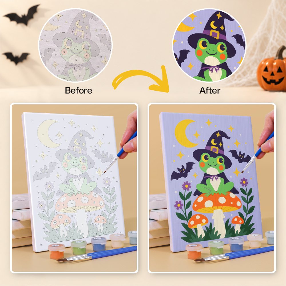What's included without a frame: six rolled Toadstool Halloween Friends mini canvases, acrylic paints, three brushes and layout
