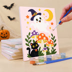 What's included pre-stretched on frame: six framed Toadstool Halloween Friends mini canvases, paints, three brushes, hangers and layout