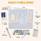 What's included in the Tokyo Neon Symphony paint by numbers kit: numbered linen canvas, reference sheet, color guide, 24 acrylic paints, 3 brushes and thank you card