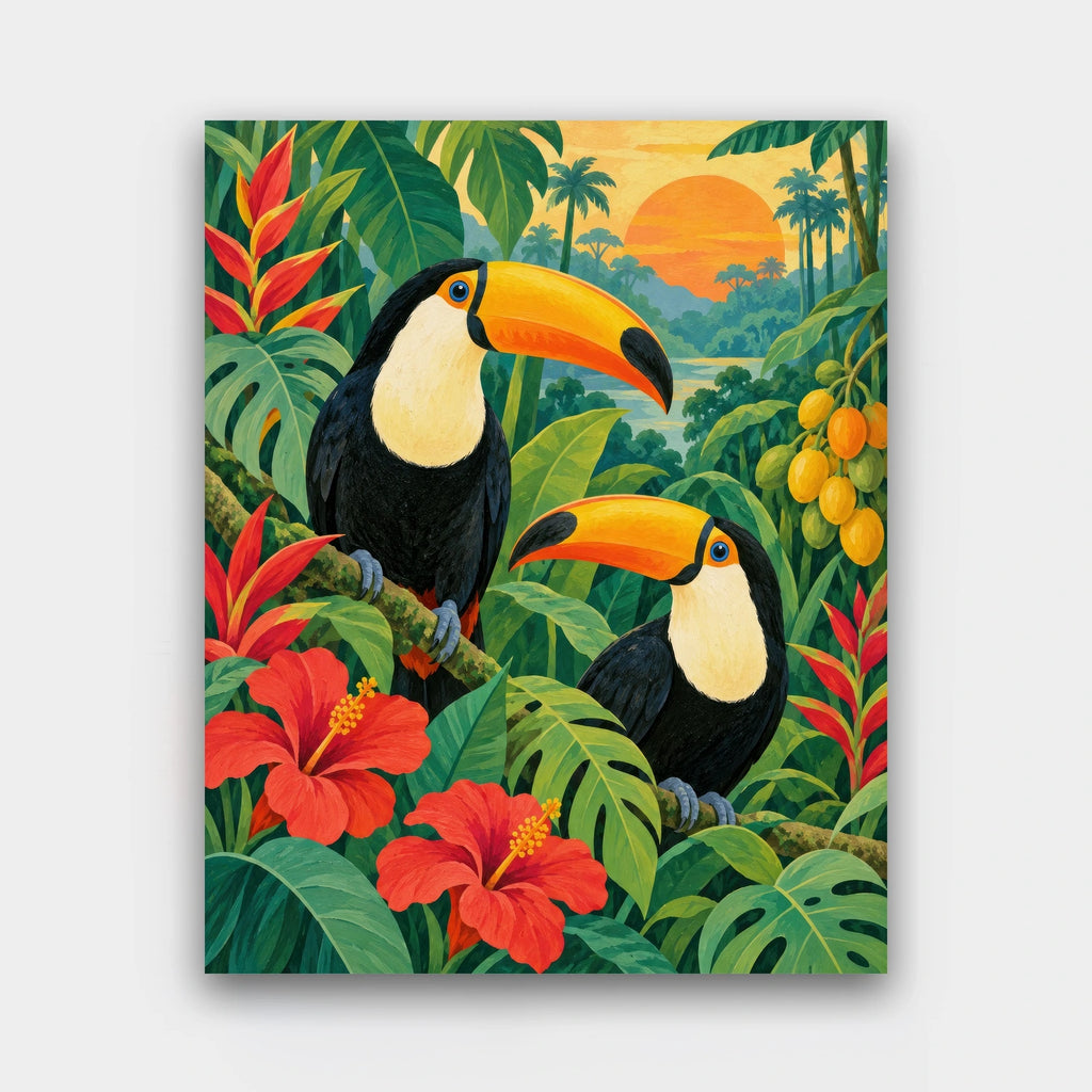 Toucans at Sunset paint by numbers kit of two toucans among tropical leaves and red hibiscus at sunset