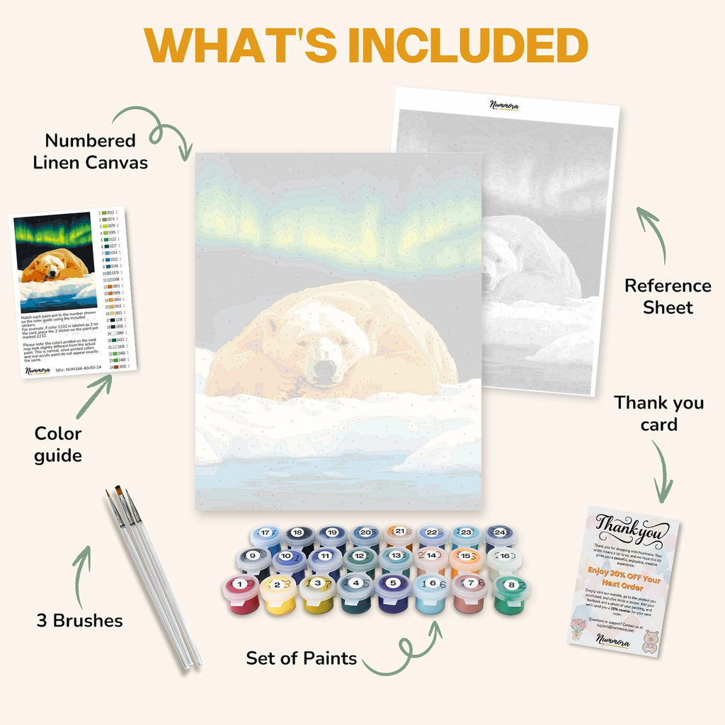 What's included in the Tranquil Arctic Nights paint by numbers kit: numbered linen canvas, reference sheet, color guide, 24 acrylic paints, 3 brushes and thank you card