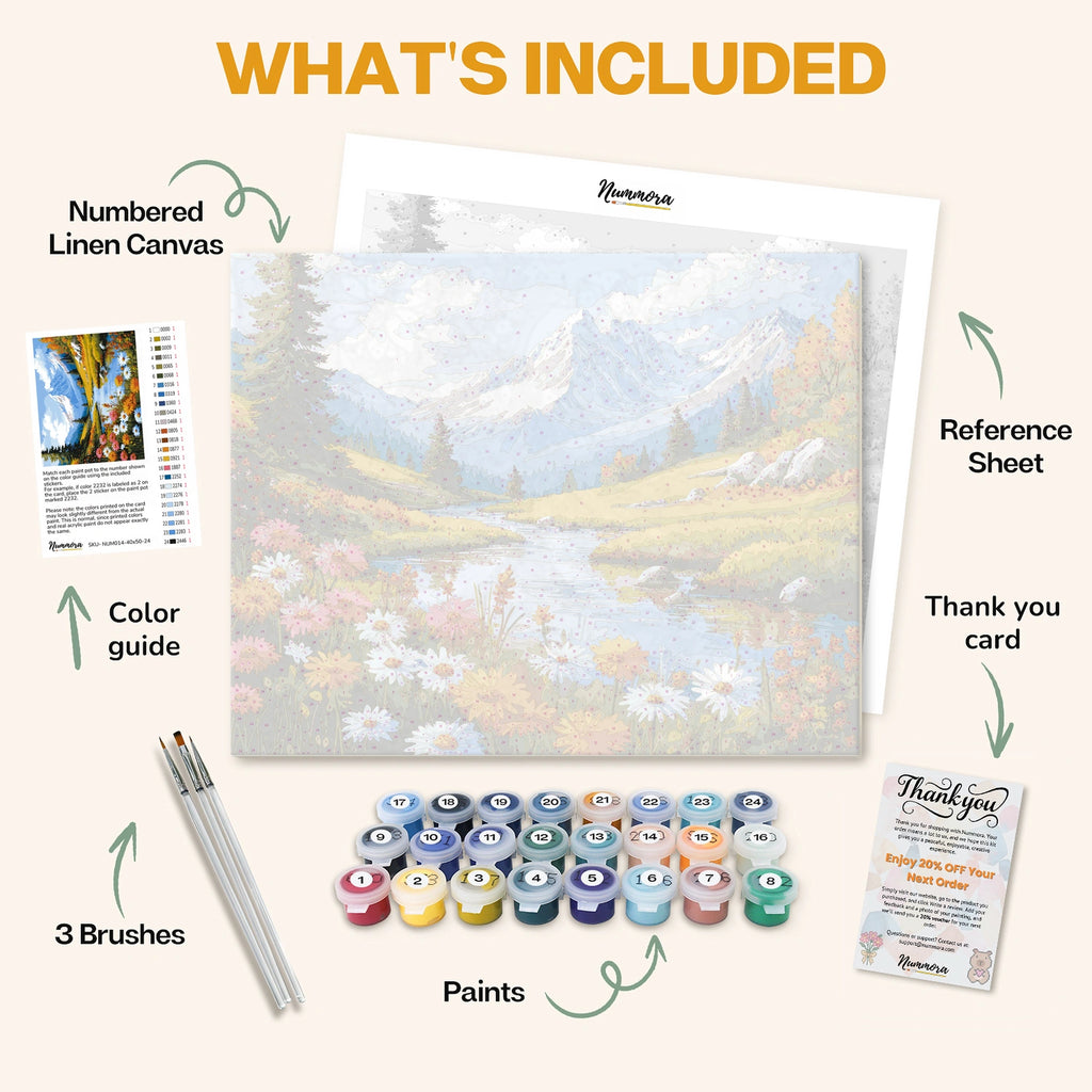 What's included in the Tranquility in the Highlands paint by numbers kit: numbered linen canvas, reference sheet, color guide, 24 acrylic paints, 3 brushes and thank you card