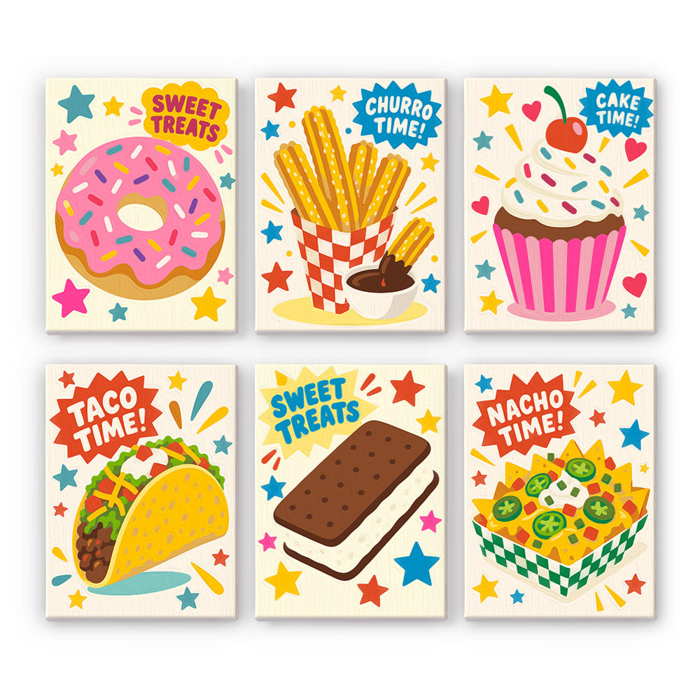 Treat Time mini paint by numbers set: six snack posters of a donut, churros, cupcake, taco, ice cream sandwich and nachos