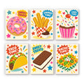 Treat Time mini paint by numbers set: six snack posters of a donut, churros, cupcake, taco, ice cream sandwich and nachos