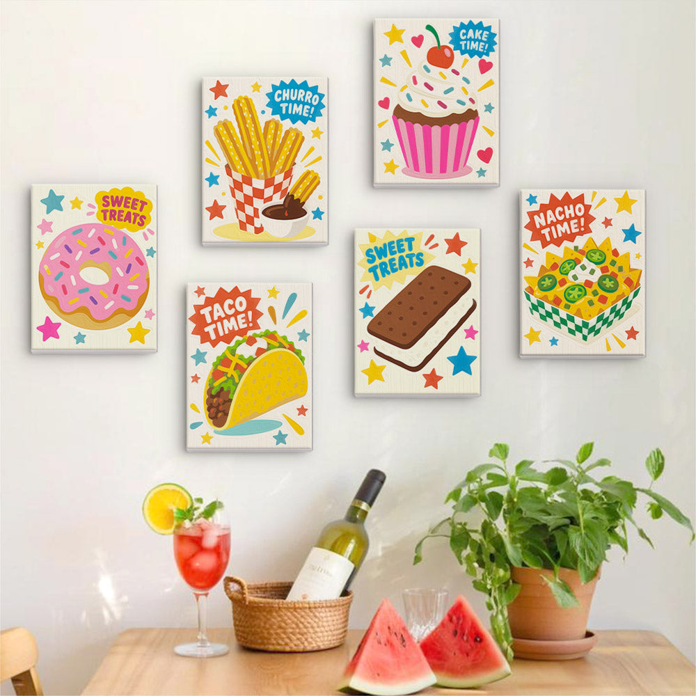 Six finished Treat Time mini paintings hung on a wall above a table