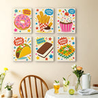Treat Time mini paintings displayed as a gallery wall in a sunny kitchen