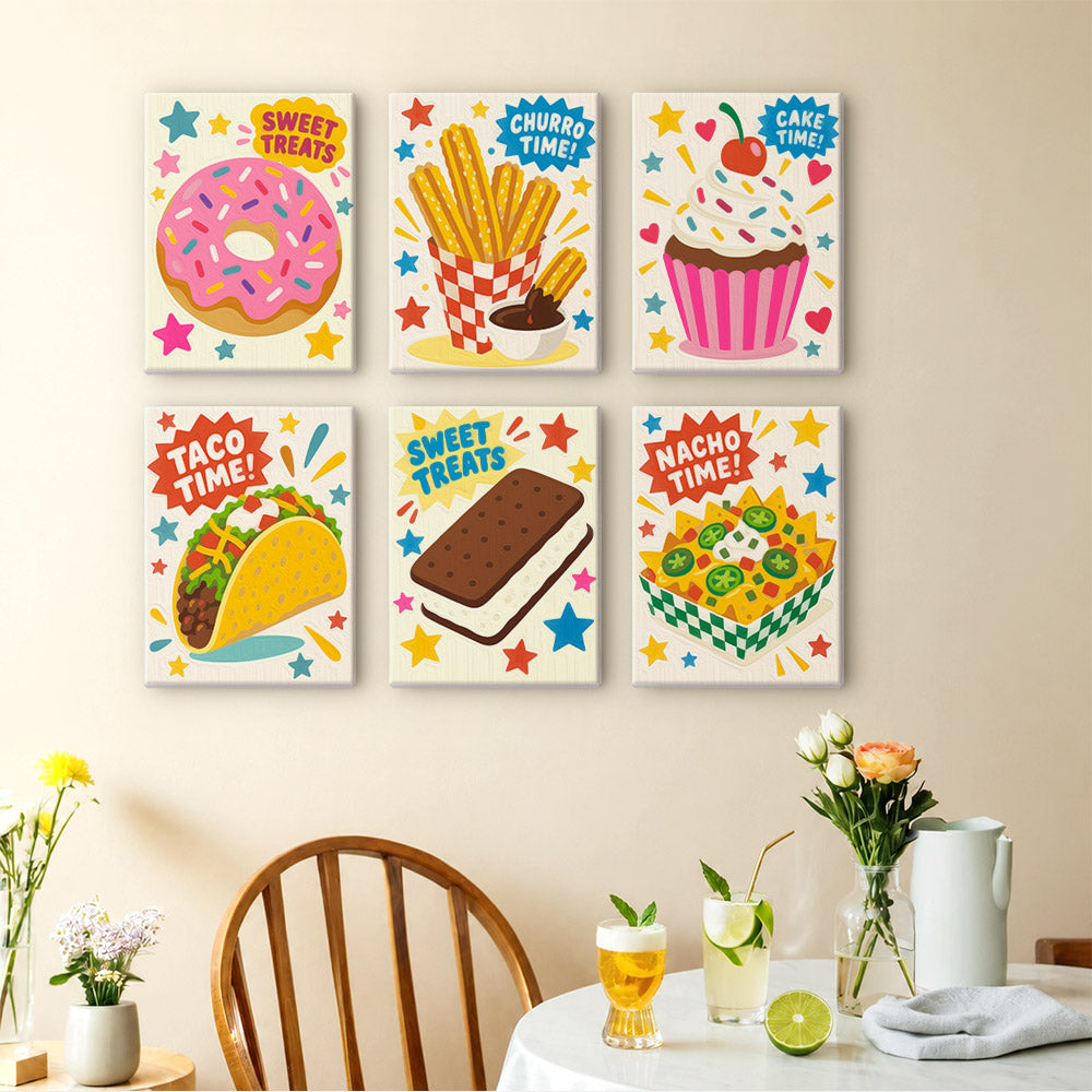 Treat Time mini paintings displayed as a gallery wall in a sunny kitchen