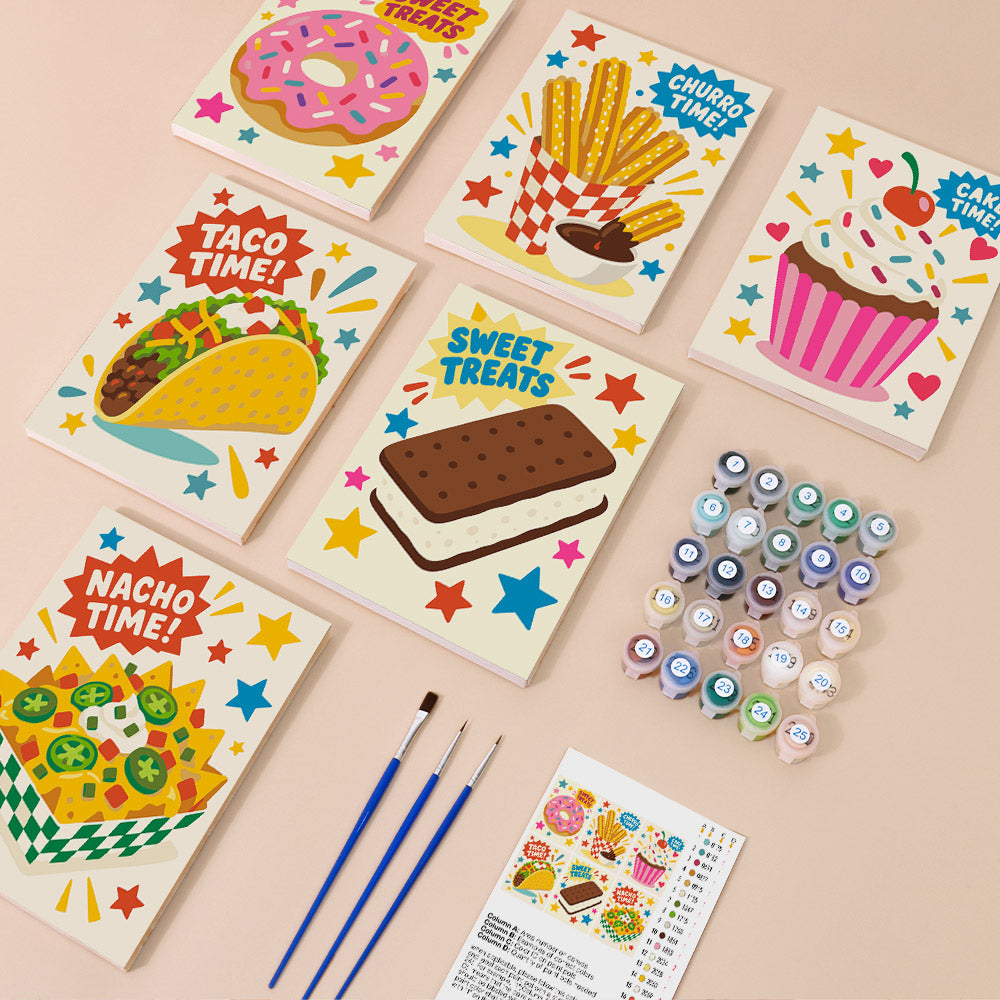 Treat Time mini paint by numbers kit with six numbered canvases, acrylic paints, brushes and layout