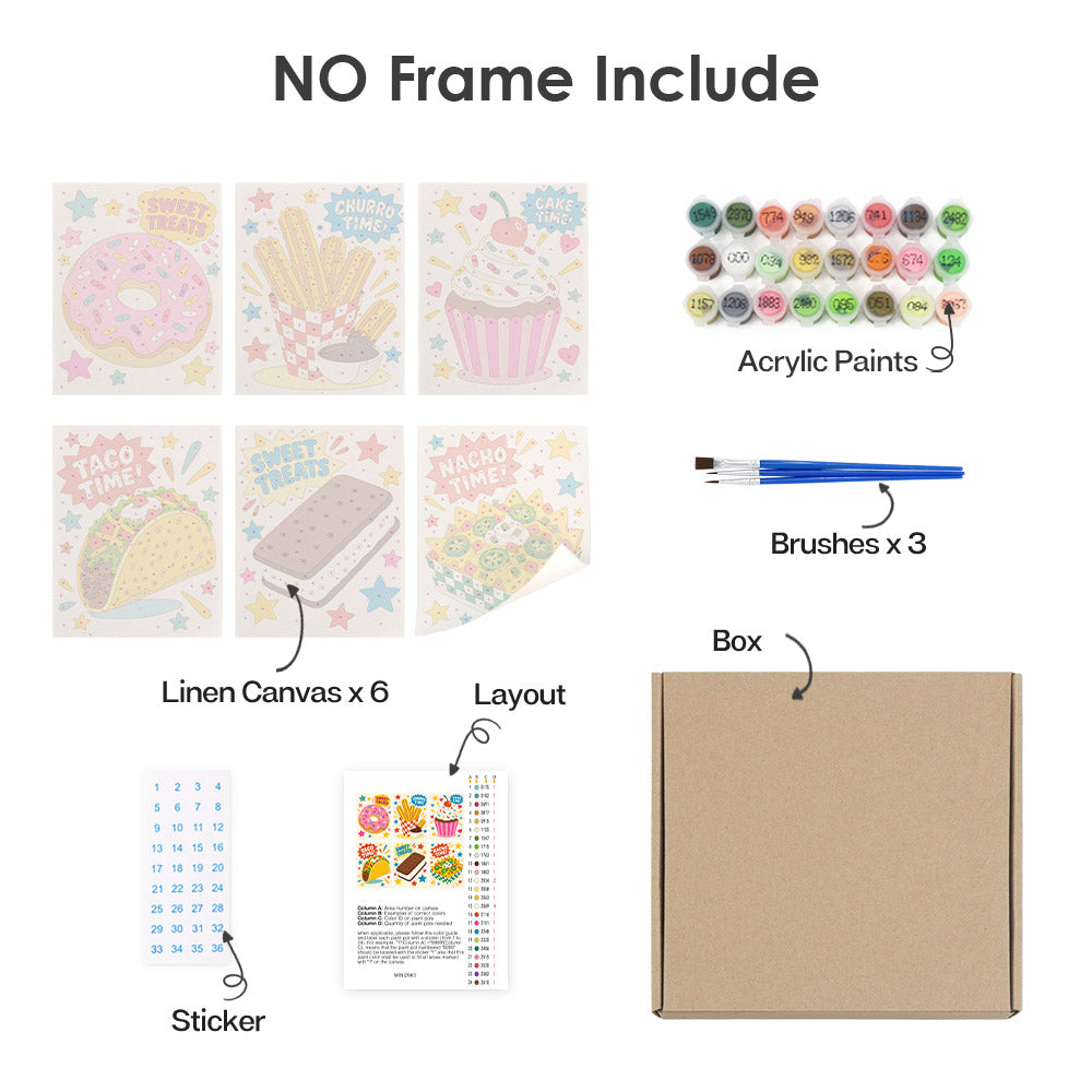 What's included without a frame: six rolled Treat Time mini canvases, acrylic paints, three brushes and layout