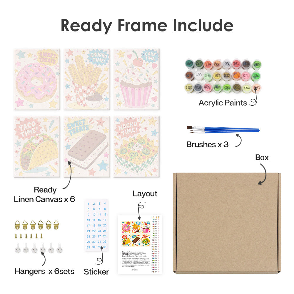 What's included pre-stretched on frame: six framed Treat Time mini canvases, paints, three brushes, hangers and layout