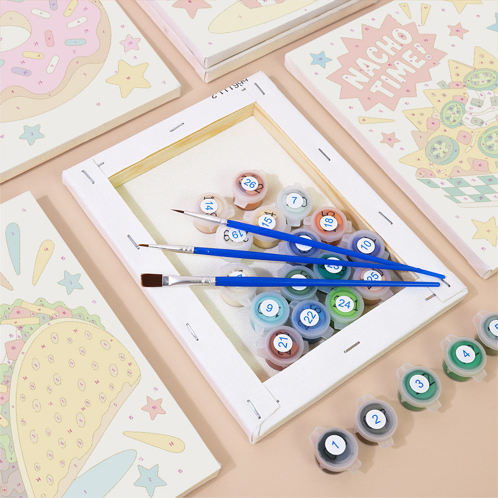 Numbered paint pots and brushes on a pre-stretched Treat Time mini canvas