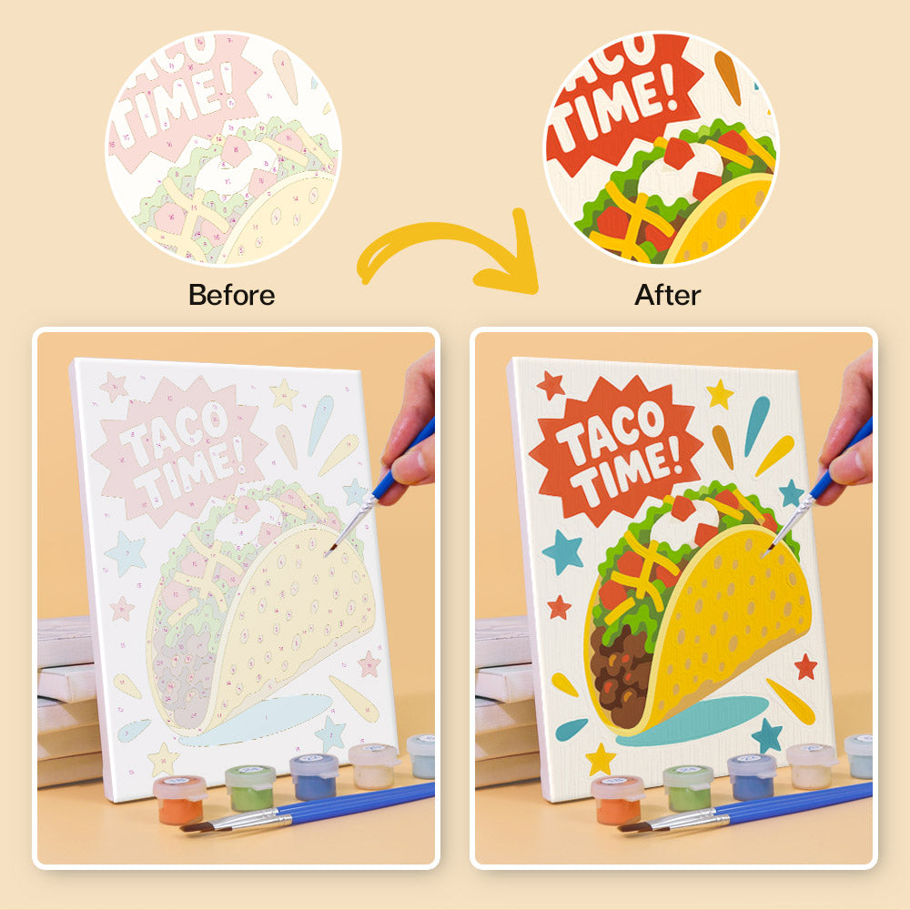 Before and after of a Treat Time mini paint by numbers canvas