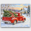 Tree Home for Christmas paint by numbers kit of a red vintage pickup carrying a fresh pine tree down a snowy lane