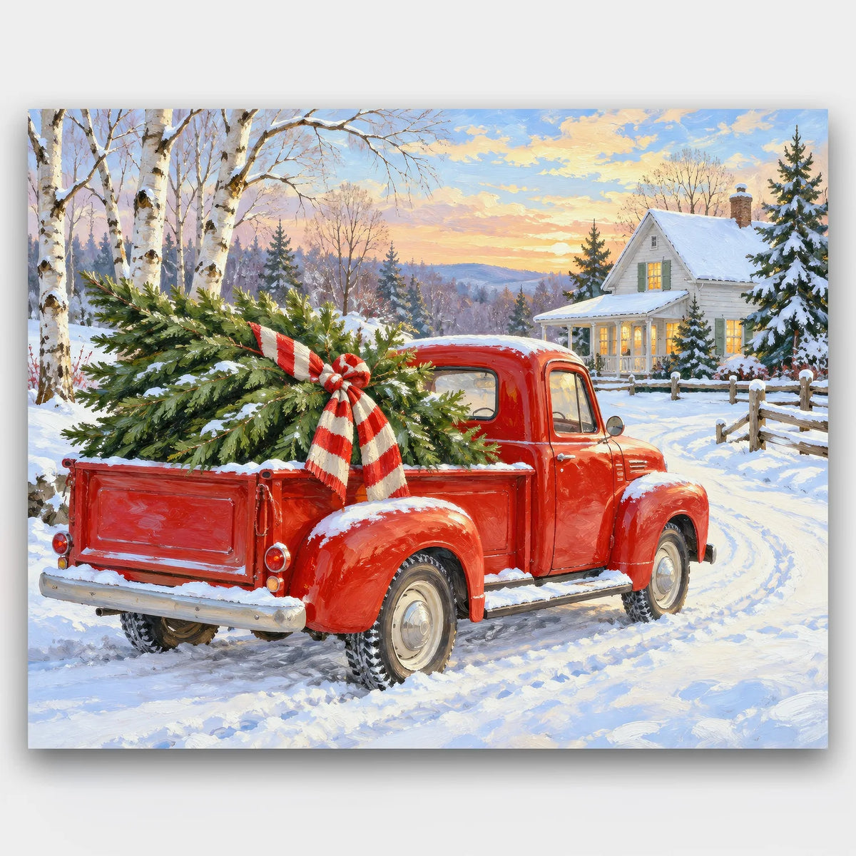 Tree Home for Christmas paint by numbers kit of a red vintage pickup carrying a fresh pine tree down a snowy lane