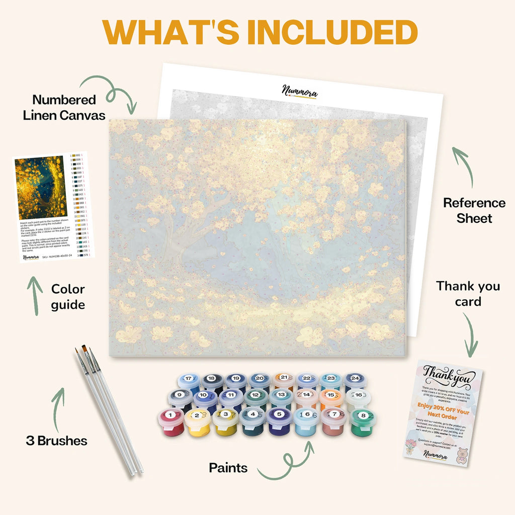 What's included in the Tree of Life paint by numbers kit: numbered linen canvas, reference sheet, color guide, 24 acrylic paints, 3 brushes and thank you card