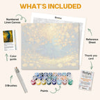 What's included in the Tree of Life paint by numbers kit: numbered linen canvas, reference sheet, color guide, 24 acrylic paints, 3 brushes and thank you card