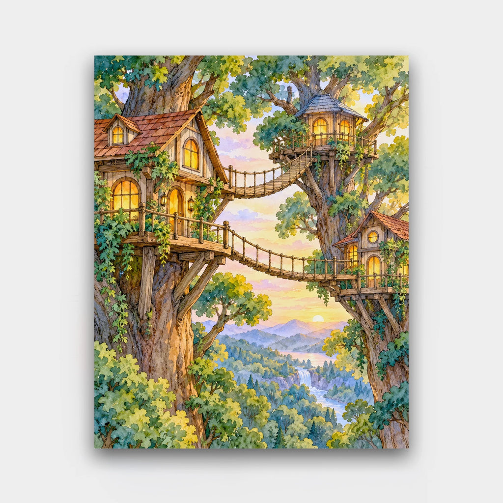 Treetop Village paint by numbers kit of treehouses with glowing windows linked by rope bridges in giant trees above a valley