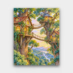 Treetop Village paint by numbers kit of treehouses with glowing windows linked by rope bridges in giant trees above a valley