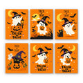 Trick or Treat Ghosts mini paint by numbers set: six cute witch-hat ghosts on bright orange with Trick or Treat lettering, black cats and jack-o'-lanterns