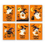 Trick or Treat Ghosts mini paint by numbers set: six cute witch-hat ghosts on bright orange with Trick or Treat lettering, black cats and jack-o'-lanterns