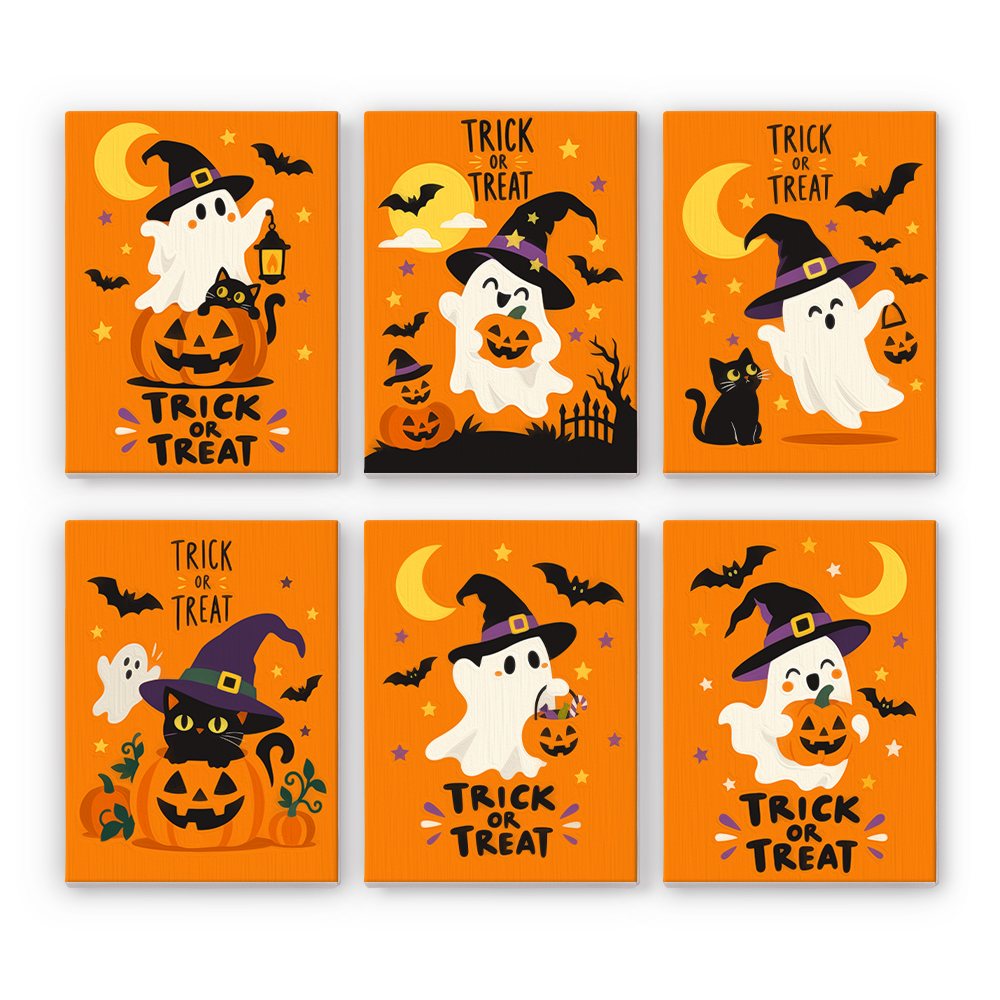 Trick or Treat Ghosts mini paint by numbers set: six cute witch-hat ghosts on bright orange with Trick or Treat lettering, black cats and jack-o'-lanterns