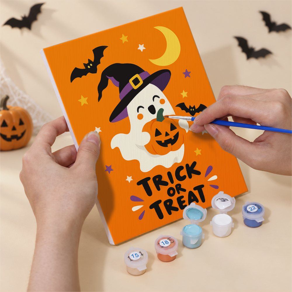 Numbered paint pots and brushes on a pre-stretched Trick or Treat Ghosts mini canvas