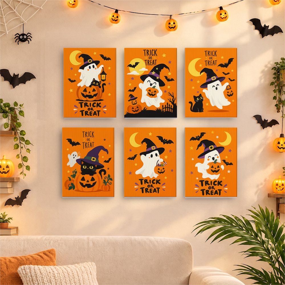 Before and after of a Trick or Treat Ghosts mini paint by numbers canvas