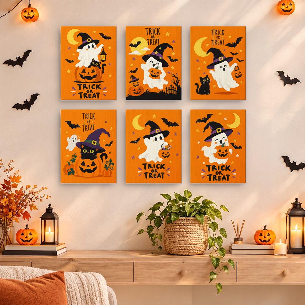 Painting a Trick or Treat Ghosts mini canvas propped up beside numbered acrylic paints