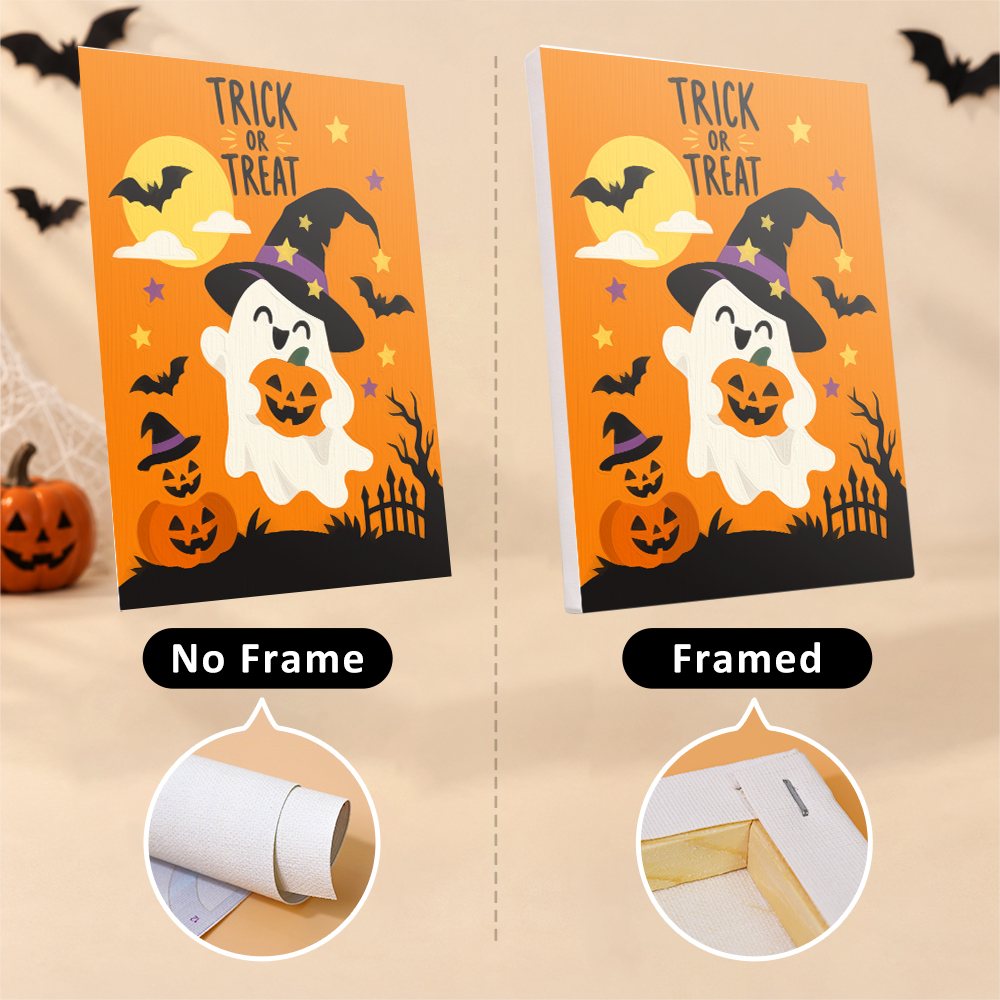 Six finished Trick or Treat Ghosts mini paintings hung on a wall above a table