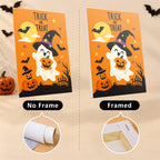 Six finished Trick or Treat Ghosts mini paintings hung on a wall above a table