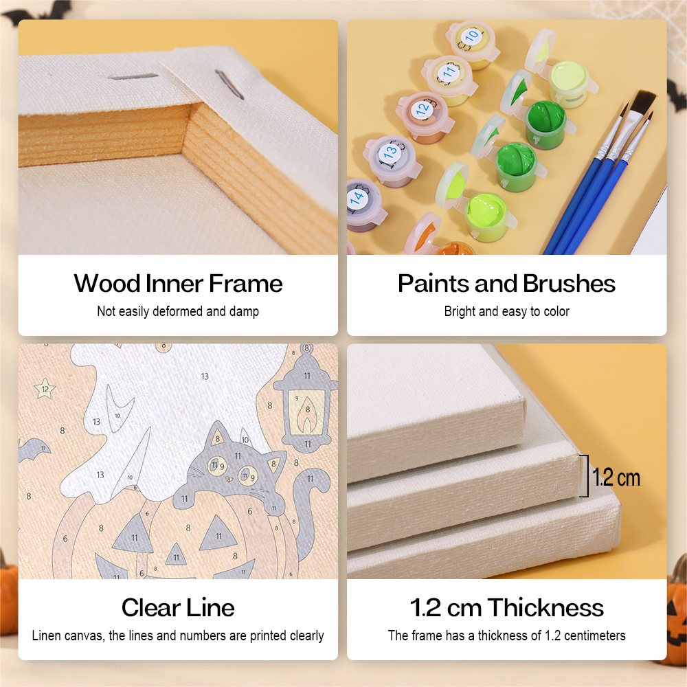 Trick or Treat Ghosts mini paint by numbers kit with six numbered canvases, acrylic paints, brushes and layout