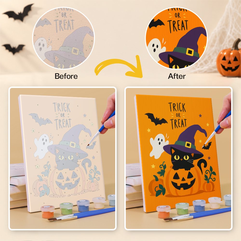 What's included without a frame: six rolled Trick or Treat Ghosts mini canvases, acrylic paints, three brushes and layout