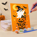 What's included pre-stretched on frame: six framed Trick or Treat Ghosts mini canvases, paints, three brushes, hangers and layout