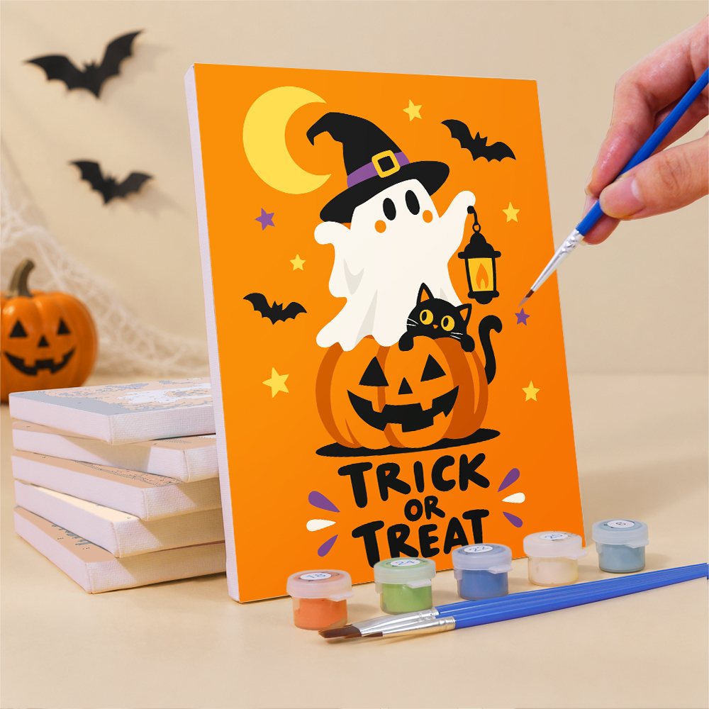 What's included pre-stretched on frame: six framed Trick or Treat Ghosts mini canvases, paints, three brushes, hangers and layout