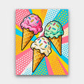 Triple Scoop Pop paint by numbers kit of three ice cream cones with sprinkles on a pop art background of rays and halftone dots