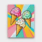 Triple Scoop Pop paint by numbers kit of three ice cream cones with sprinkles on a pop art background of rays and halftone dots