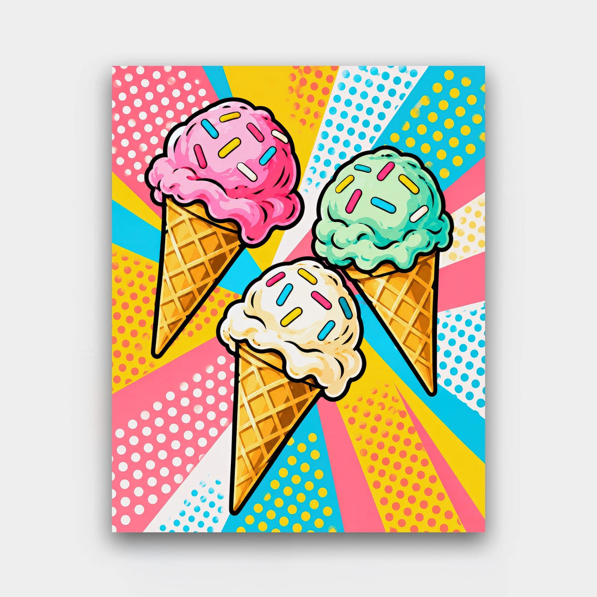 Triple Scoop Pop paint by numbers kit of three ice cream cones with sprinkles on a pop art background of rays and halftone dots