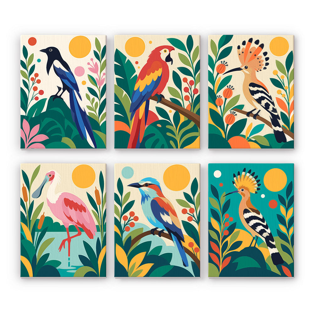 Tropical Birds mini paint by numbers set: six colorful birds among jungle leaves, including a magpie, a macaw, hoopoes, a spoonbill and a roller
