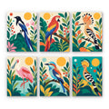 Tropical Birds mini paint by numbers set: six colorful birds among jungle leaves, including a magpie, a macaw, hoopoes, a spoonbill and a roller