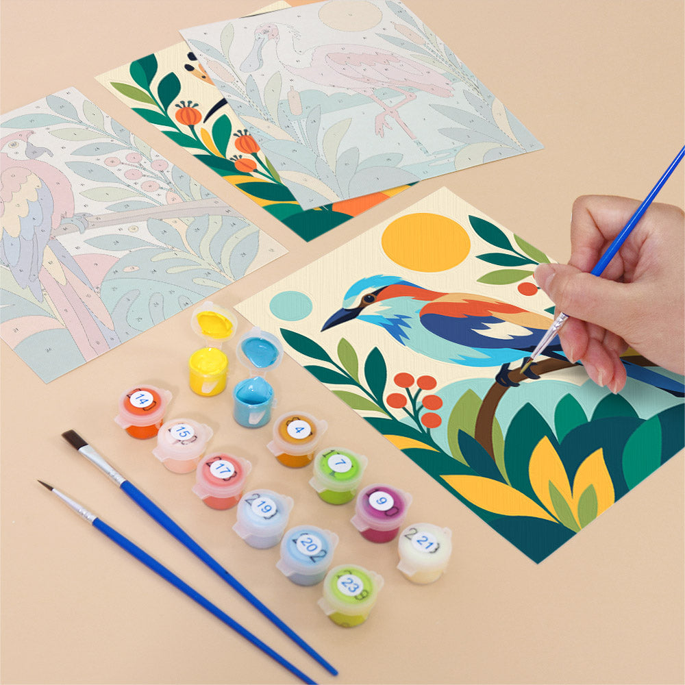 Filling in a Tropical Birds mini canvas with numbered acrylic paints and a fine brush