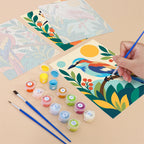 Filling in a Tropical Birds mini canvas with numbered acrylic paints and a fine brush