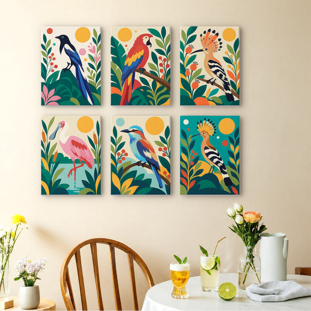 Tropical Birds mini paintings displayed as a gallery wall in a sunny kitchen