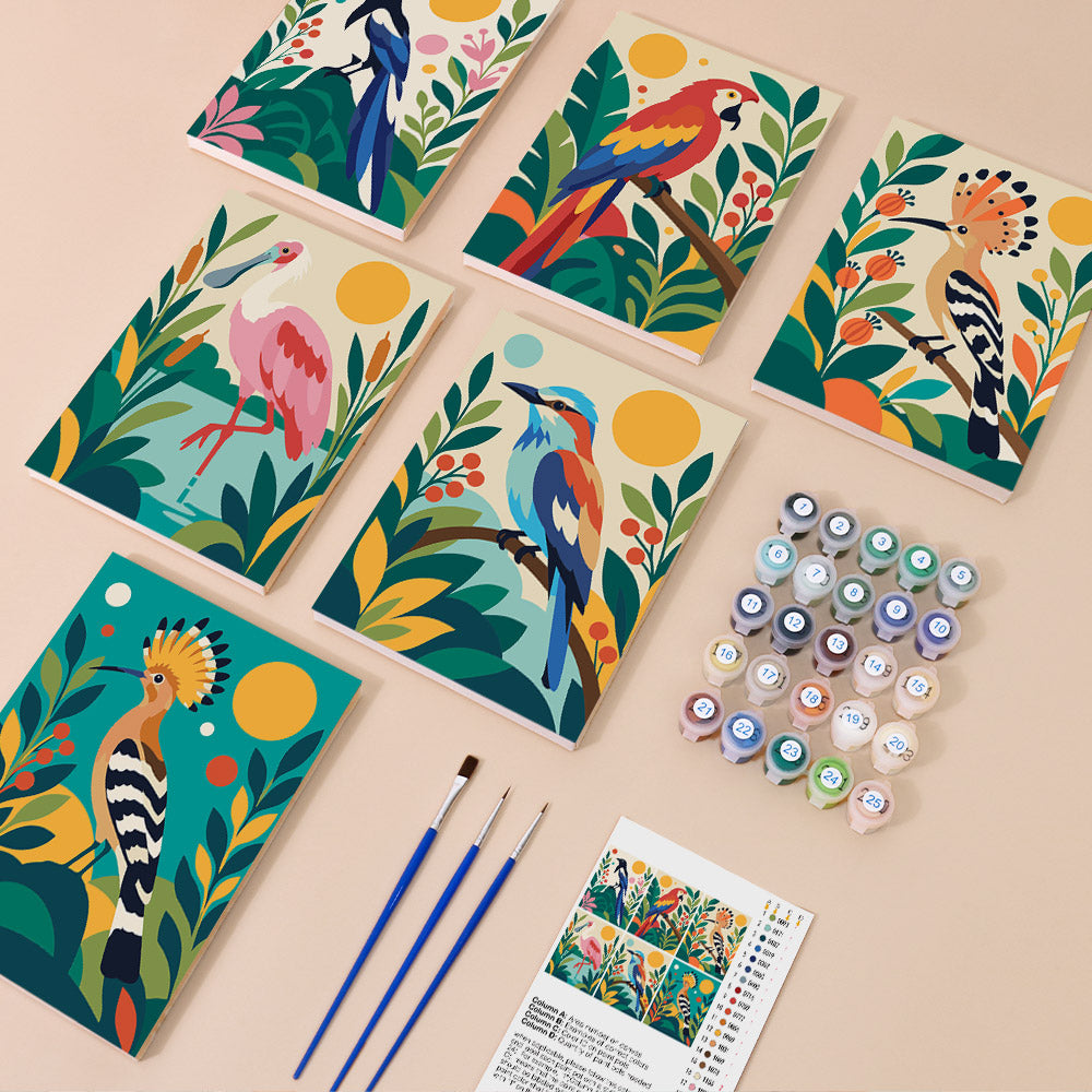 Tropical Birds mini paint by numbers kit with six numbered canvases, acrylic paints, brushes and layout