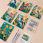 Tropical Birds mini paint by numbers kit with six numbered canvases, acrylic paints, brushes and layout