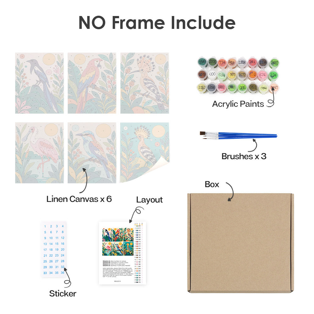 What's included without a frame: six rolled Tropical Birds mini canvases, acrylic paints, three brushes and layout