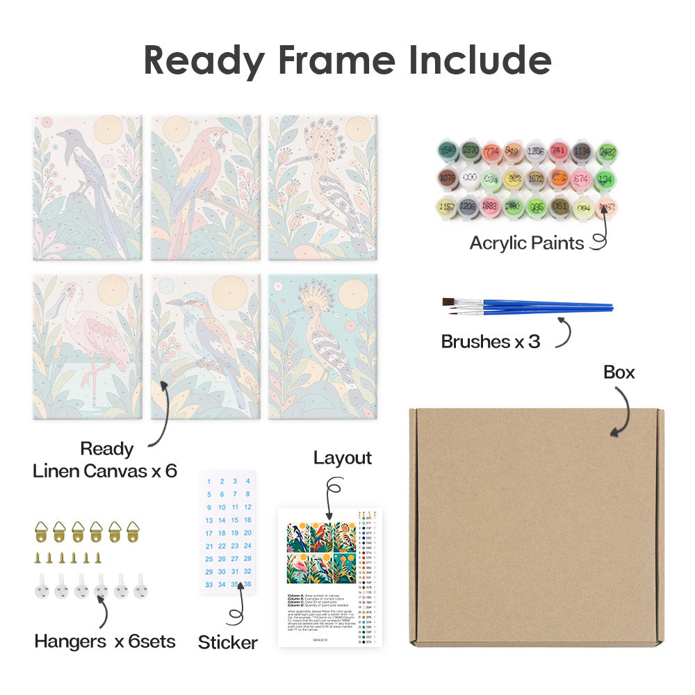 What's included pre-stretched on frame: six framed Tropical Birds mini canvases, paints, three brushes, hangers and layout